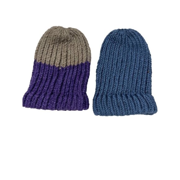 Hand-Knitted Ribbed Beanies 2-Pack Blue & Purple Soft & Warm Winter Hats For Bab - Picture 1 of 5
